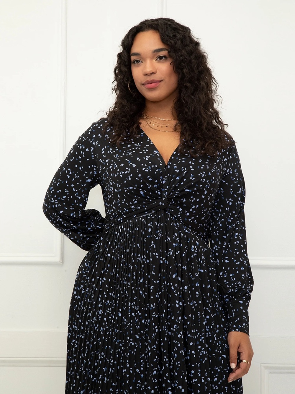 Eloquii Black Maxi Dress with Light Blue Print and Twist Front